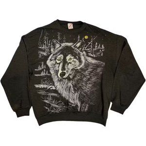 Vintage 80s Wolf Sweatshirt Crewneck in Black Men's Size Large